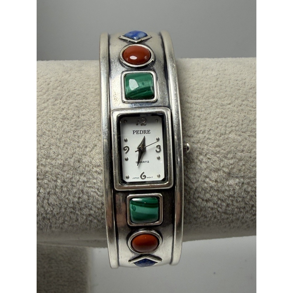 Pedre Ladies Watch Silver Tone Red Blue Green Stone Cuff New Battery 6.25"